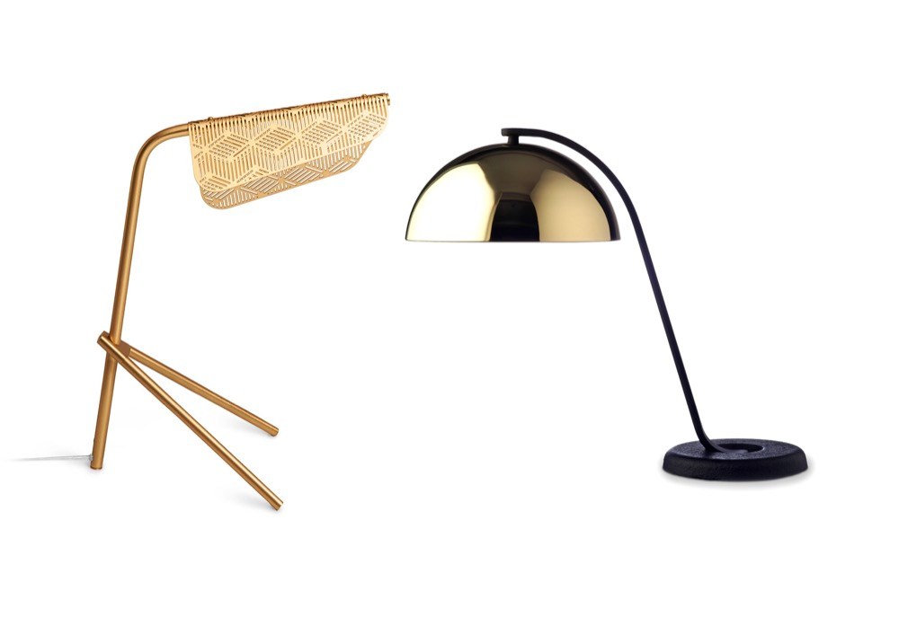 Vlevo Stojací lampa z kolekce Mediterranea (Petite Friture), design Noé Duchaufour-Lawrance, vpravo stolní lampa z kolekce Cloche (HAY), design Lars Beller Fjetland